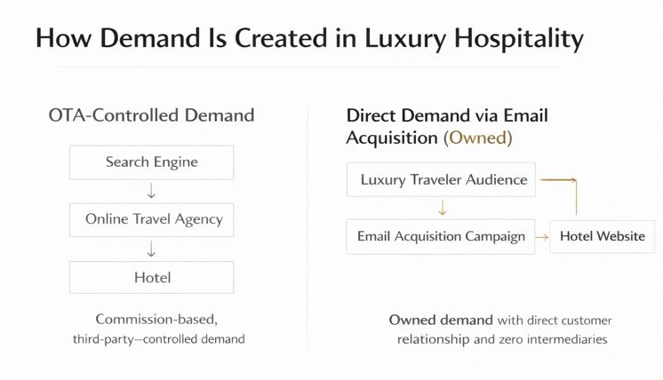 How luxury hotel demand is created — OTA-controlled discovery versus direct email acquisition