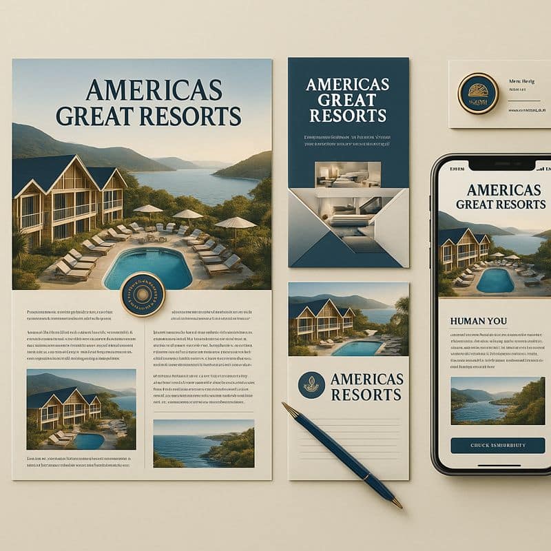 Americas Great Resorts luxury hospitality marketing materials displayed across print, digital, and mobile formats, illustrating brand-driven design, premium visuals, and human-led storytelling in luxury hotel marketing.