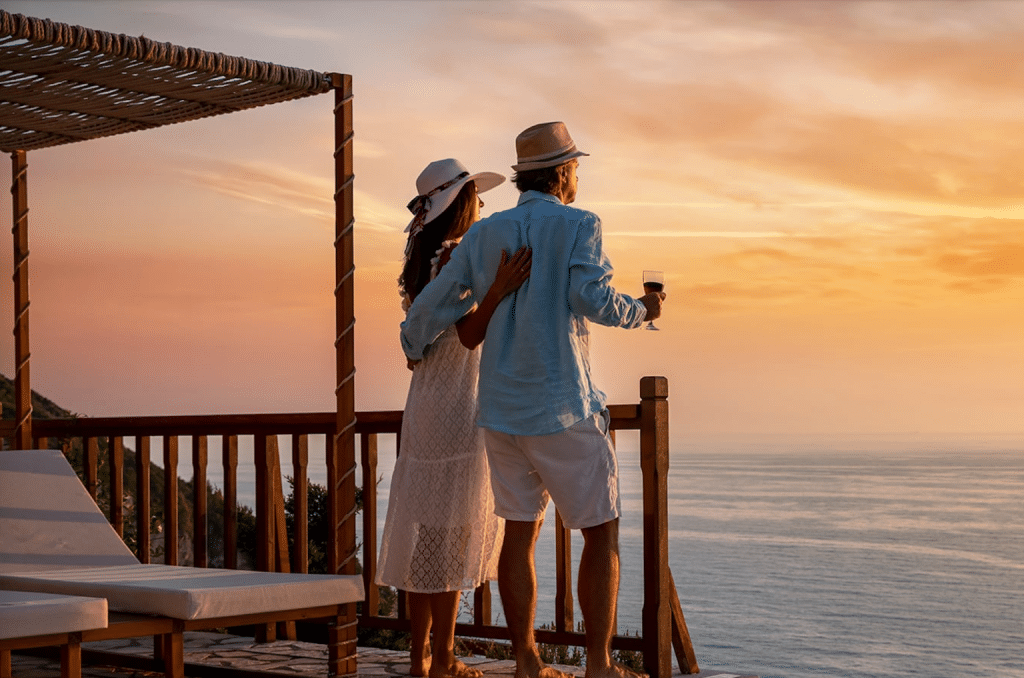 A couple arriving at a luxury resort at sunset