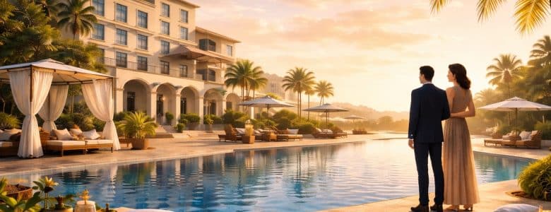 Luxury resort courtyard at sunset with guests walking toward the hotel, representing direct guest relationships and owned demand