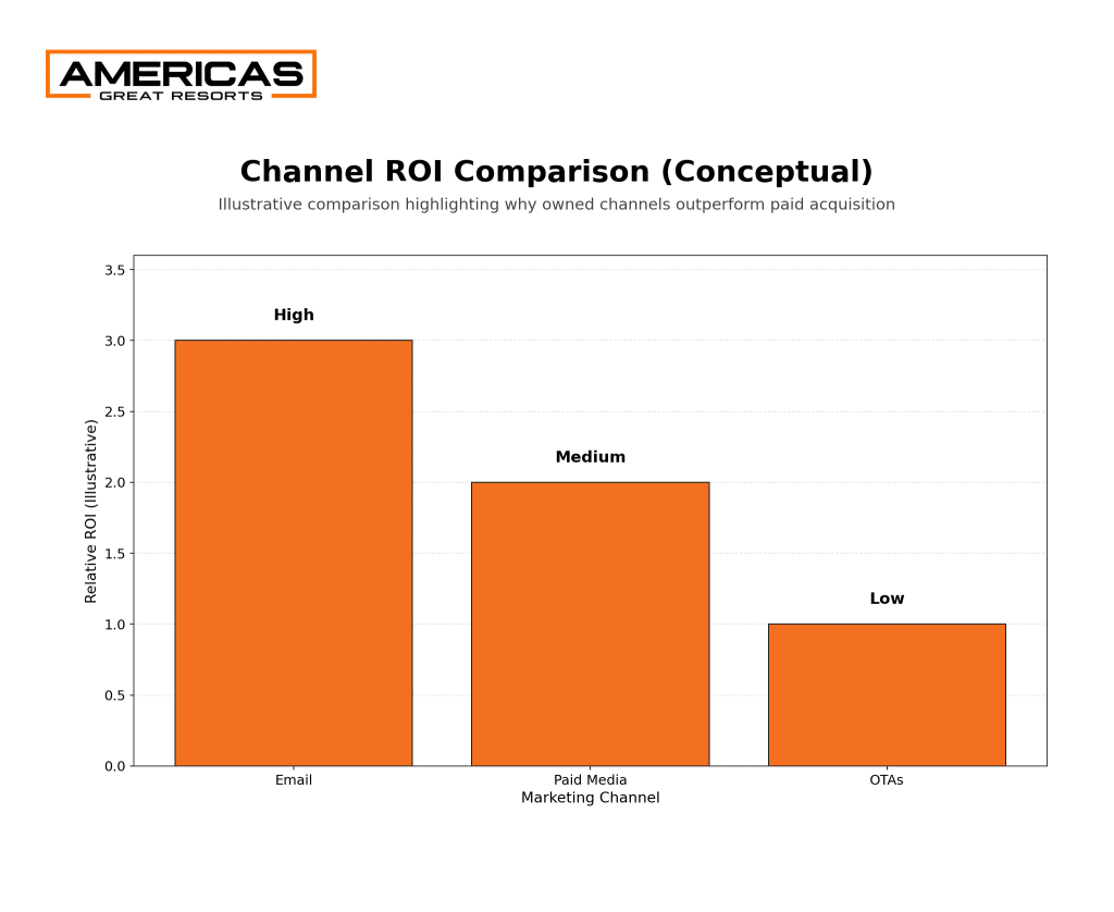 Conceptual bar chart comparing relative marketing ROI for luxury hospitality channels, showing email with the highest efficiency, followed by paid media, and OTAs with the lowest return.