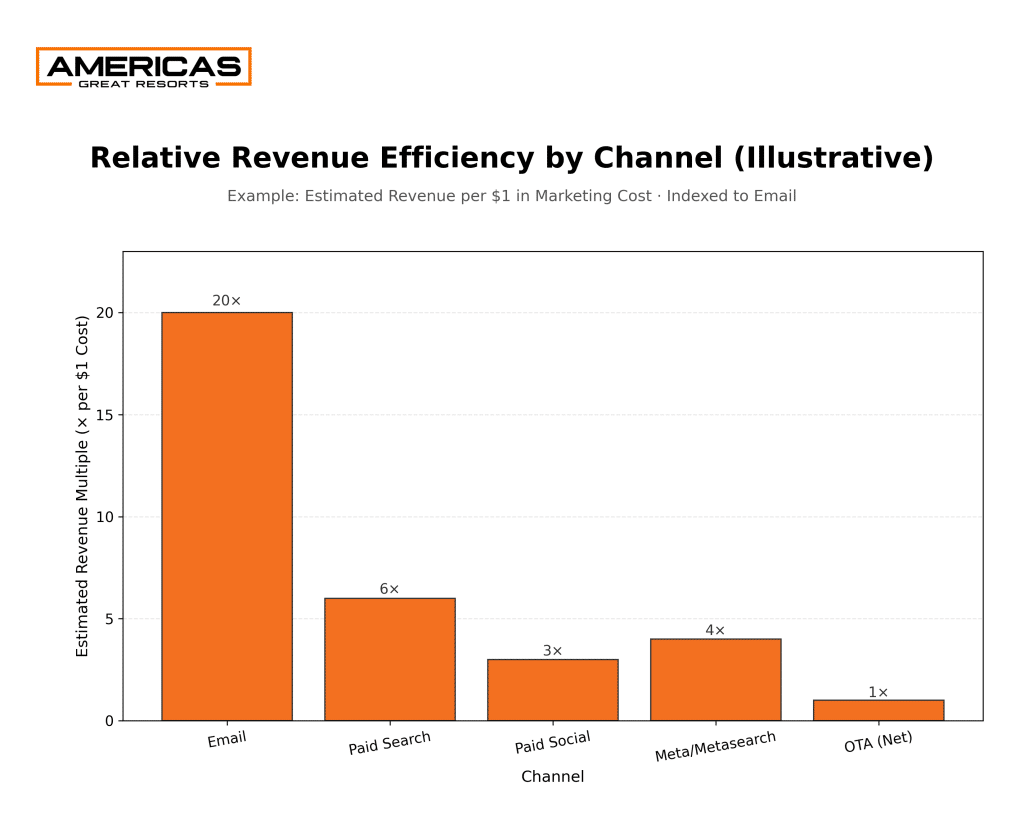 Annualized chart showing six-figure revenue loss from OTA commissions based on 400 bookings per year at a $2,000 average daily rate.